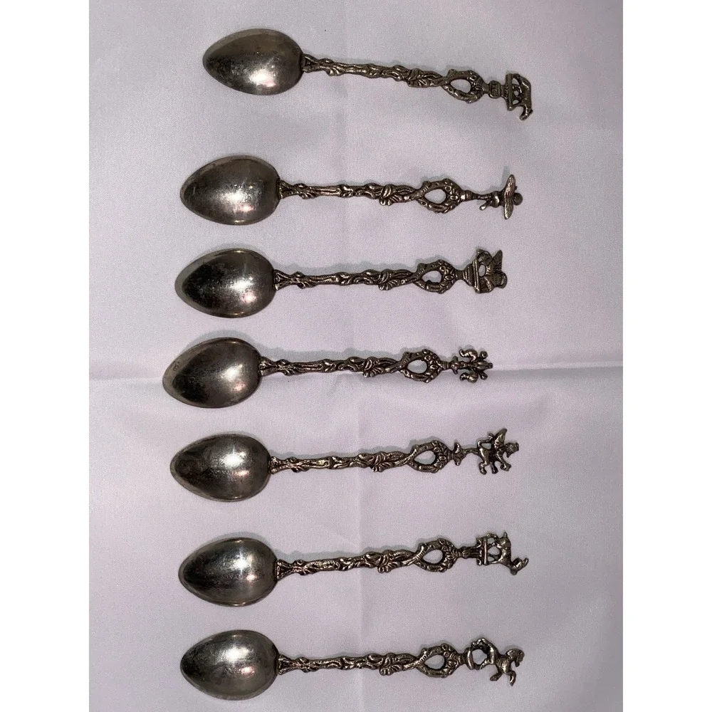 Set of 7 Montagnani Style Italy Stamped Figural Demitasse‎ Spoons Ornate Vintage
